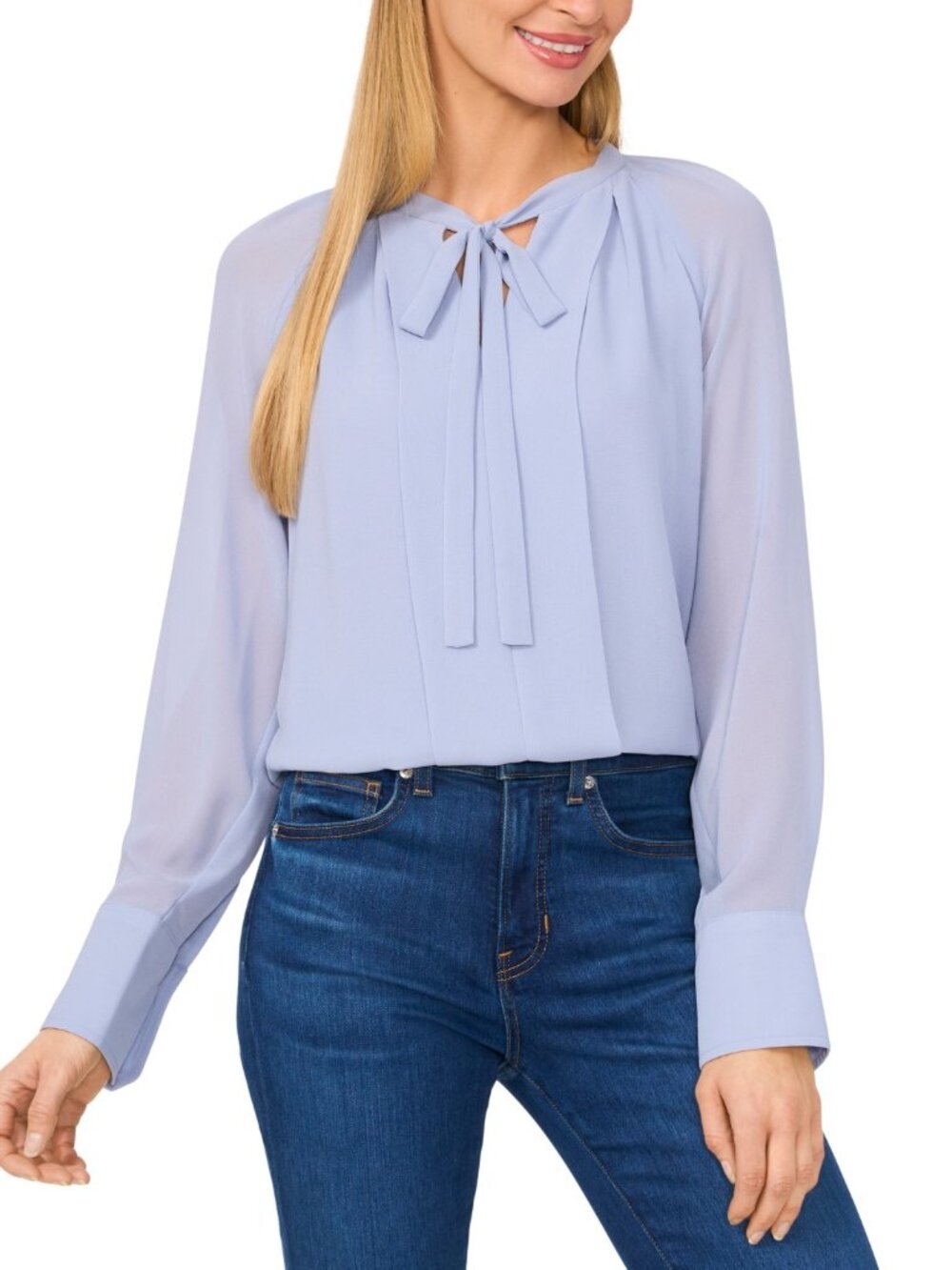 CeCe Pleated Tie Neck Blouse Slate Blue L NWT Career Office Top - Picture 5 of 7